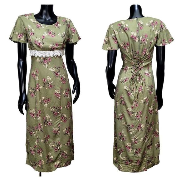Vintage 90s Basic Editions 5/6‎ Green Floral Tie Back Waist Midi Dress Cottage - Picture 1 of 10